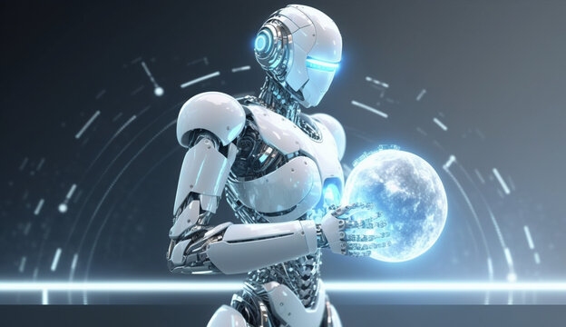 White Robo  using digital sphere connection hologram