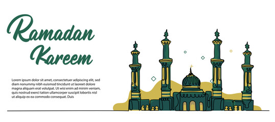 Ramadan Kareem Web Banner. Mosque doodle design concept. Vector illustration in modern flat style in continuous line style. - obrazy, fototapety, plakaty