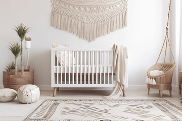 Boho nursery. Wooden crib near blank white wall. Interior mockup. Generative AI