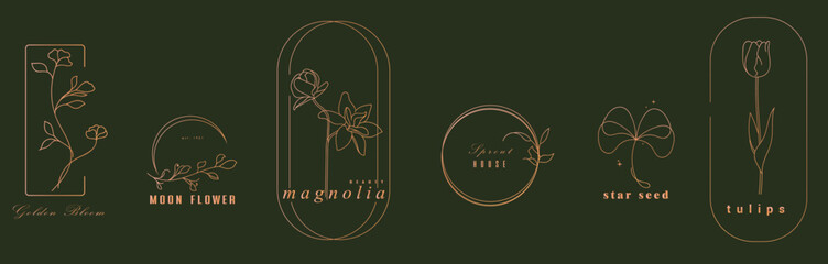 Professional Flower logo. Golden botanical minimalist logo design vector suitable for badge, card, invitation, label.