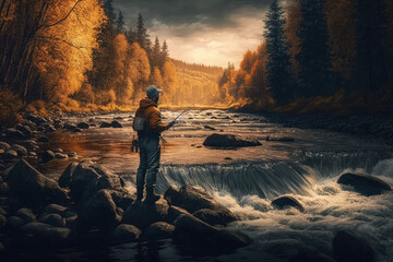 Fototapeta premium Man fishing on a wild river in the mountains in autumn. Illustration. Generative AI