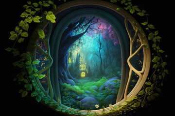 fantasy view from a window, you can see a fairytale forest. Generative AI