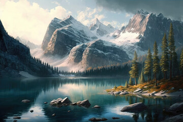 landscape shot of a lake in the mountains. Generative AI