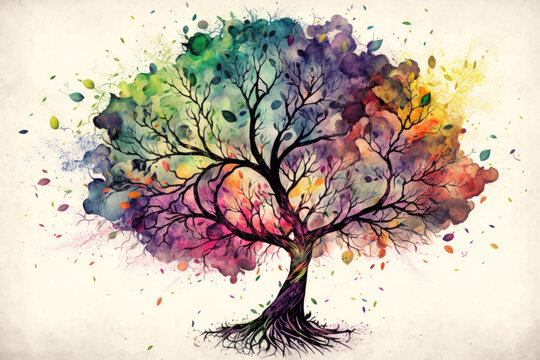 abstract creative illustration of a colorful tree on white background. watercolor. Generative AI