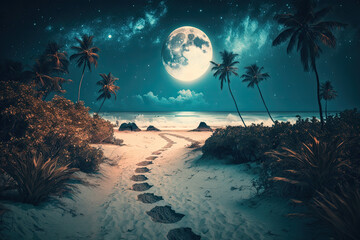 huge bright shining moon on a beach with palm trees at night. Generative AI