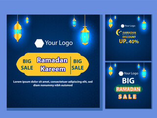 Set of Square social media post, poster, stories template Mega sale promotion with modern lantern gold design. Iftar mean is Ramadan. social media template with Modern Islamic background Design