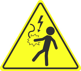 High voltage lightning triangle safety sign, black yellow electric danger electric power warning label isolated image with illustration man hold wired and electrocuted