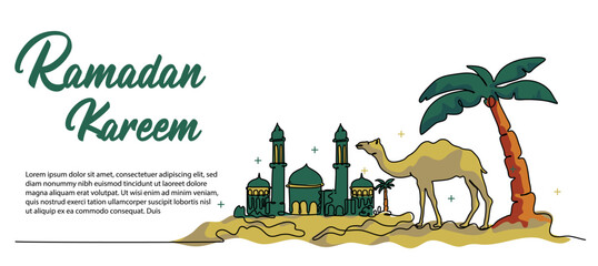 Ramadan Kareem Web Banner. Mosque doodle design concept. Vector illustration in modern flat style in continuous line style.