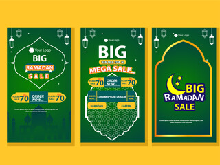 Set of Square social media post, poster, stories template Mega sale promotion with modern lantern gold design. Iftar mean is Ramadan. social media template with Modern Islamic background Design