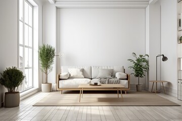 Empty white walled living room with couch and table. Generative AI