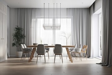 Minimalist modern wooden dining room in gray tones with table, chairs, drapes, and parquet floor. Copyspace mockup. Modern decor,. Generative AI