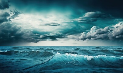 Fototapeta na wymiar Soft Ethereal Dreamy Background of Blue Sea with Waves and Sky with Clouds - Generative AI