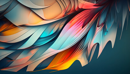 An abstract composition evoking the fluidity and grace of feathers, with layered shapes unfolding in a spectrum of cool and warm tones