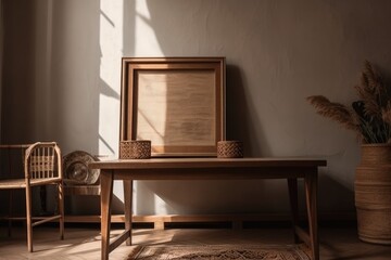 Wooden empty frame on woven table in bohemian room. Generative AI