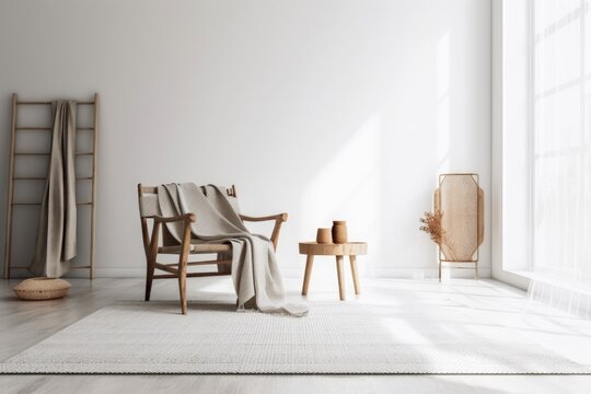 Scandinavian minimalist home backdrop with armchair, blanket, coffee table, rug, empty white wall mockup,. Generative AI
