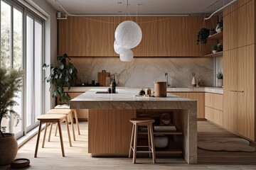 Japandi's stylish Scandinavian flat. Marble topped island in wooden kitchen. illustration. Generative AI