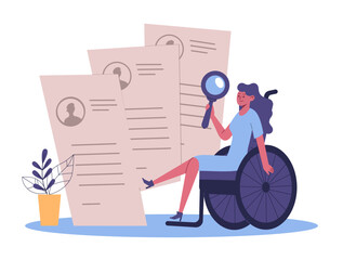 Analyzing cv handicapped character. Cartoon young woman in wheelchair holding magnifying glass and checking resume