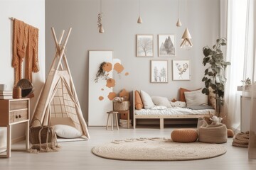 Natural wooden furniture for kids room in Scandinavian design style, mock up frame in bright child room,. Generative AI