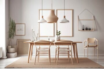 Scandi bohemian dining room mockup with picture frame. Generative AI