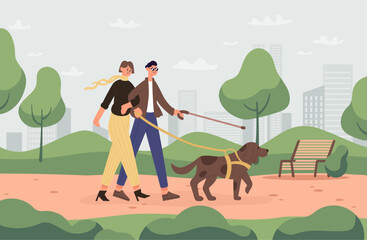 Blind couple with guide dog walking in the park. Woman going with male characters with stick outdoor. Cartoon characters