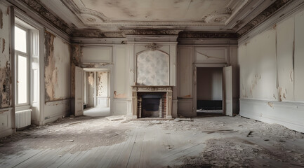 Fototapeta na wymiar Beautiful old abandoned large room in a manor house, with large classic wooden windows and beautiful elegant architecture and a large fireplace, Generative AI
