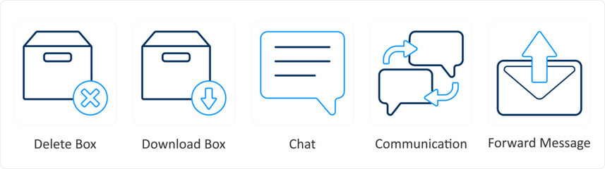 A set of 5 mix icons as delete box, download box, chat