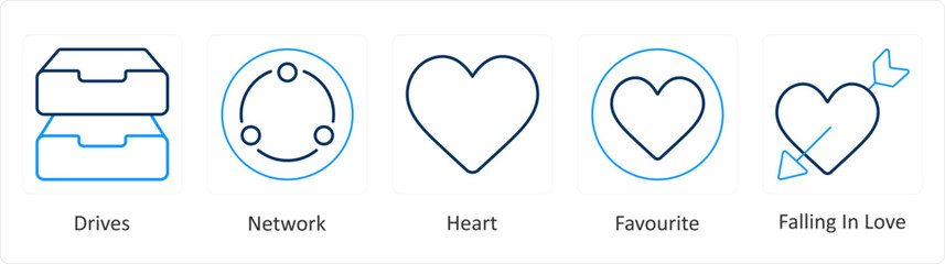 A set of 5 mix icons as drives, network, heart
