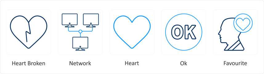 A set of 5 mix icons as heart broken, network, heart