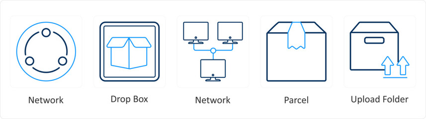 A set of 5 mix icons as network, drop box, parcel