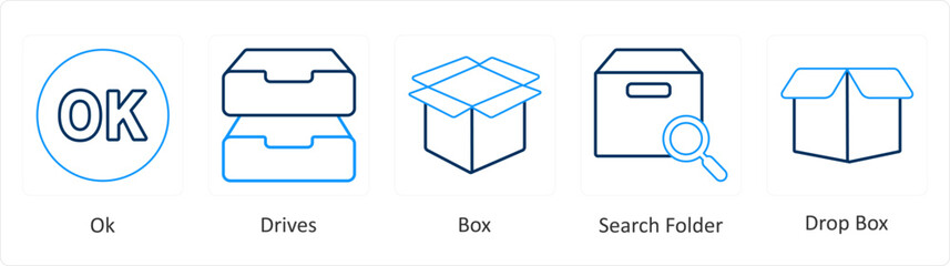 A set of 5 mix icons as ok, drives, box