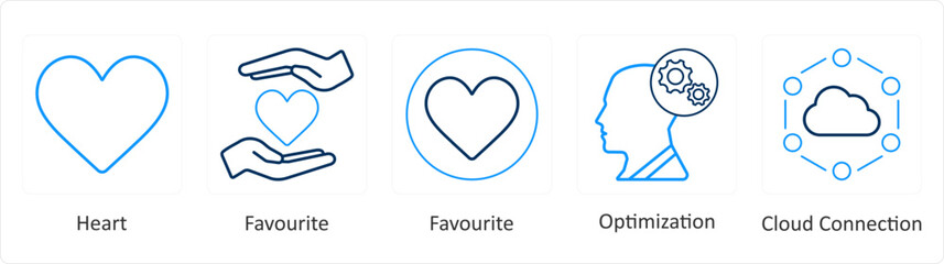 A set of 5 mix icons as heart, favorite, optimization