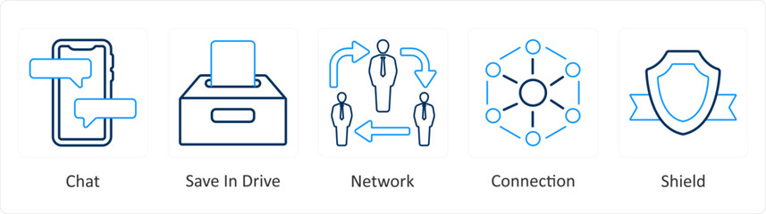 A set of 5 mix icons as chat, save in drive, network