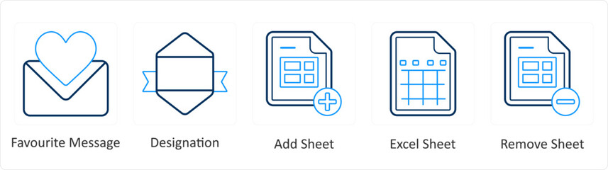 A set of 5 mix icons as favorite message, designation, add sheet