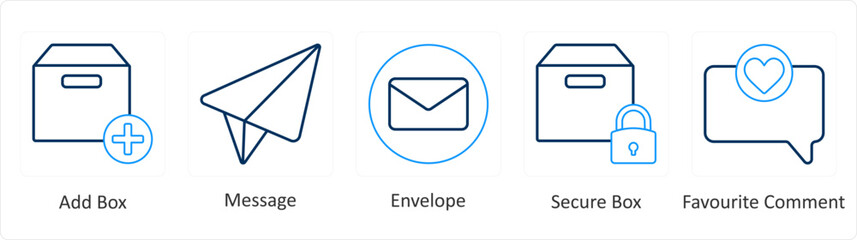 A set of 5 mix icons as add box, message, envelope