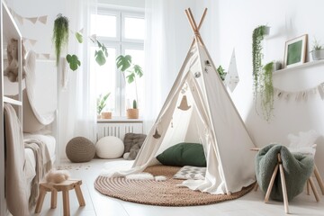 Fototapeta na wymiar White baby nursery with cozy play tent and cushions. Generative AI