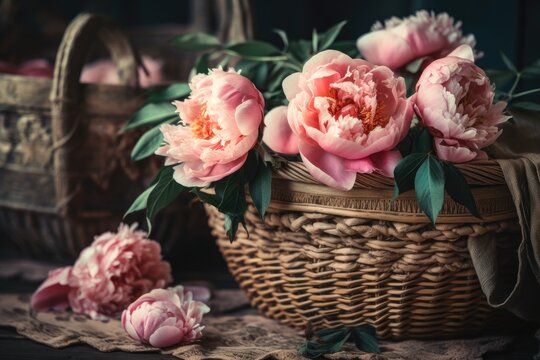 Boho room with basket of peony. Modern bohemian interiors. Pink peonies on rustic background, melancholy photo. Generative AI
