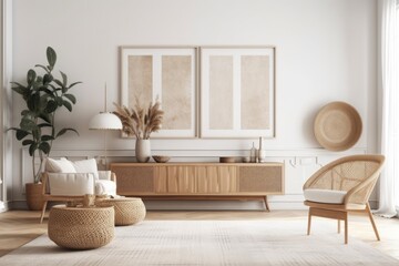White living room wall. Scandi boho interior mockup. Complimentary copy space for your photo, text, or design. Rattan armchair, sideboard, pampas grass. Generative AI
