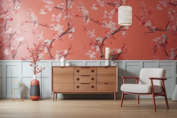 White and red Japanese living room. Wooden dresser with wall mockup. Wallpaper, parquet. Modern decor,. Generative AI