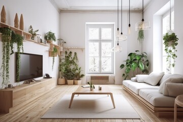 Scandinavian minimalism. Bright studio living room. Comfortable design with huge modular couch, wooden light, TV, and green plants. Generative AI