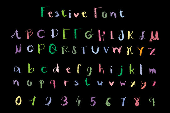 A-Z alphabet letters and 0-9 numbers festive font vector and illustration