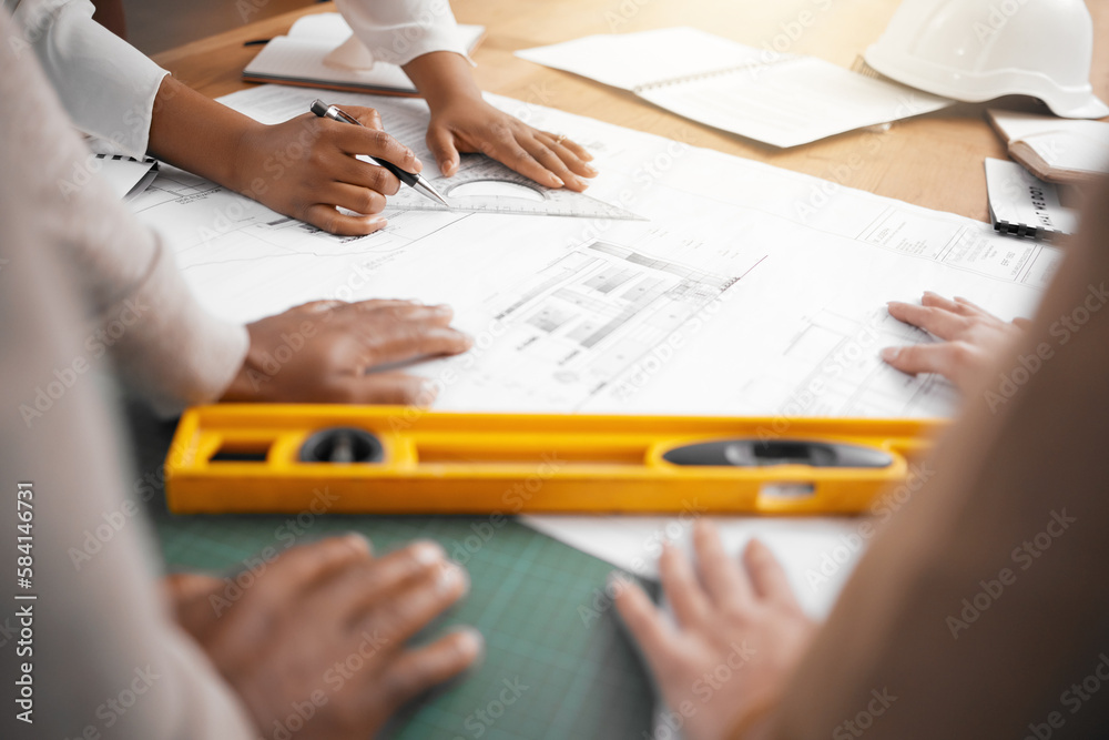 Aufkleber Hands, collaboration and design with a architecture team working in their office for planning from above. Teamwork, construction or blueprint with an architect, designer and engineer at work together