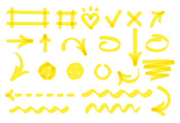 Hand drawn marker strokes. Bright yellow marker different shapes. Hand drawn dotted and wavy arrows and lines