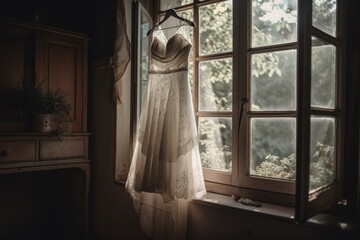 White wedding dress in old or rustic window. Generative AI