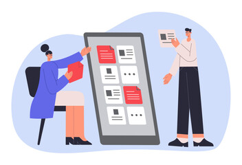 Kanban board, management and organization business process. Man and woman employees working together in tasks