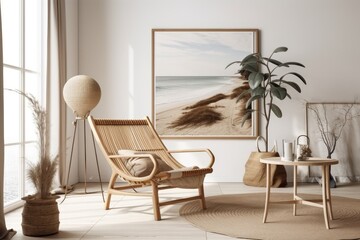 Mockup frame on seaside house interior backdrop with natural wooden furniture and dry plants. Generative AI - obrazy, fototapety, plakaty