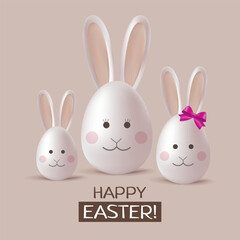 Easter eggs rabbit family. Set of realistic 3d white eggs with ears and faces. Happy Easter sign. Vector design.