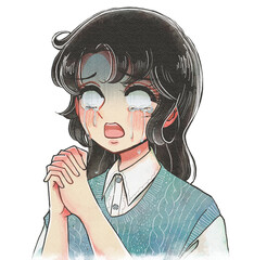 ショック…大泣きで神頼みする少女まんが風の女性