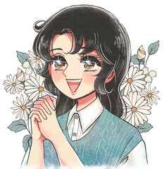 パァア…！花に囲まれて笑う、少女まんが風の女の子