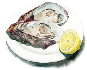 アナログ水彩皿に乗った生牡蠣とレモン