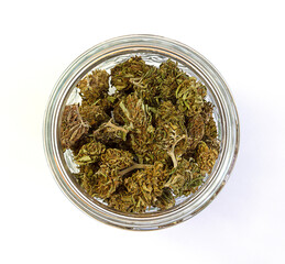 Medicinal cannabis flowering on white background. Hemp recreation medical usage legalization. Top view